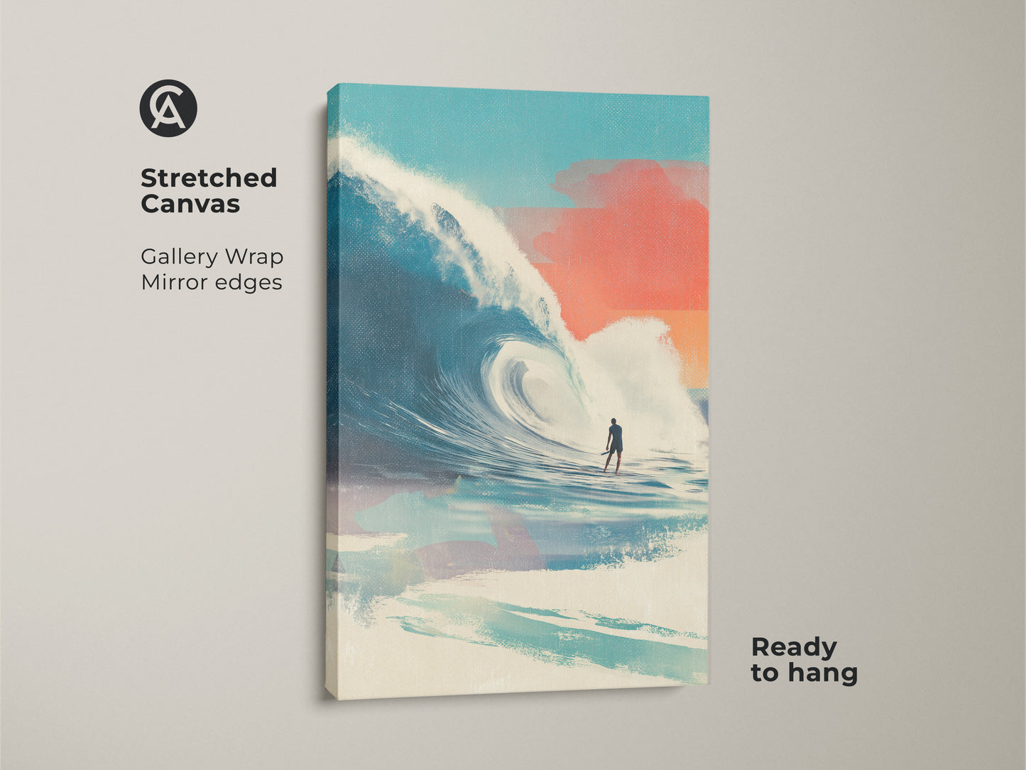 Stretched canvas featuring surfing artwork. The art shows a surfer riding a big wave. The gallery wrap has mirrored edges. It's a ready to hang piece. The artwork brings a touch of the ocean to your space. Perfect for coastal decor.