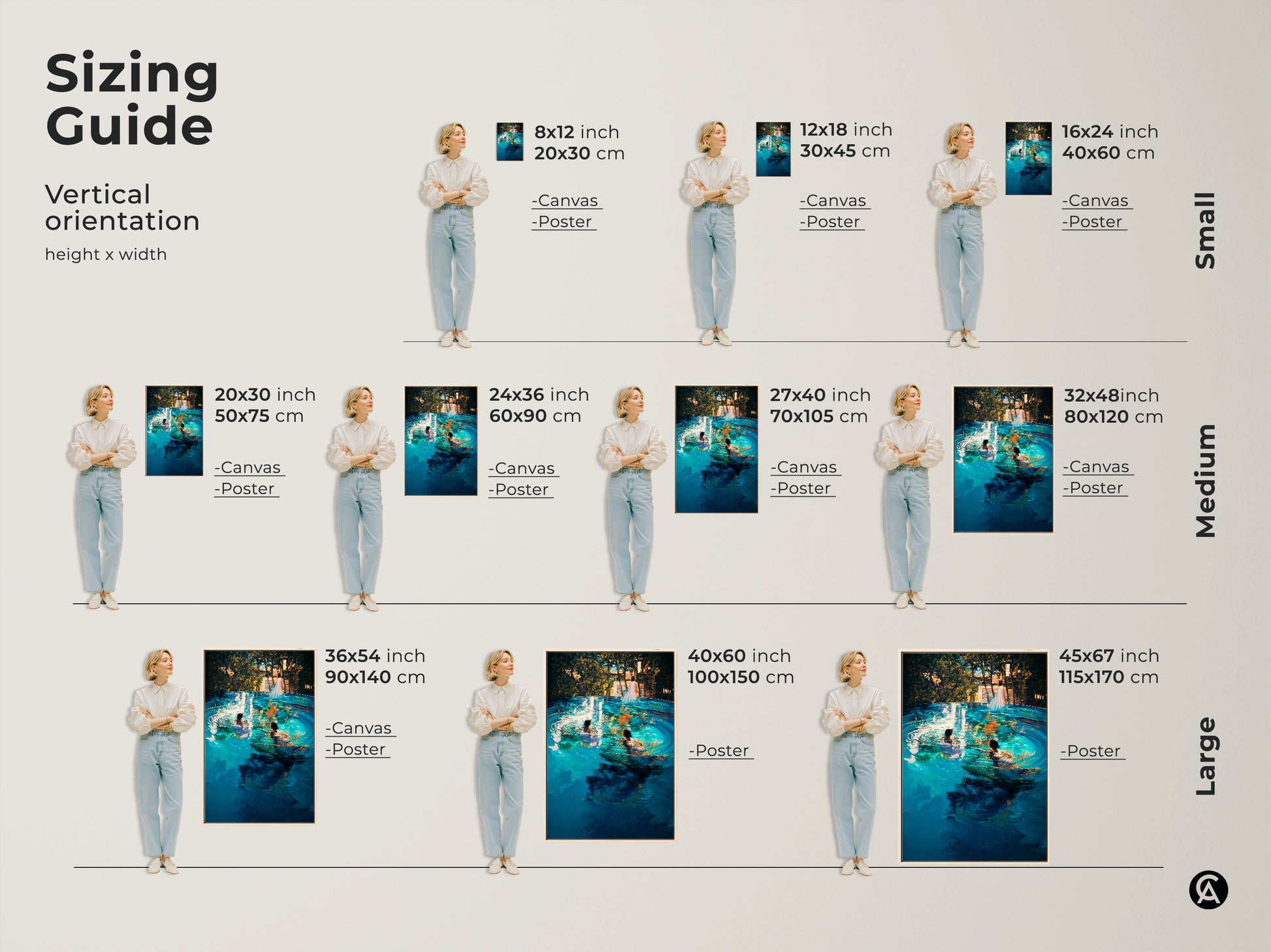 Sizing guide showing turquoise infinity pool artwork in various vertical sizes. Canvas and poster options are available. Find the perfect fit for your space with small medium and large scales for any room.