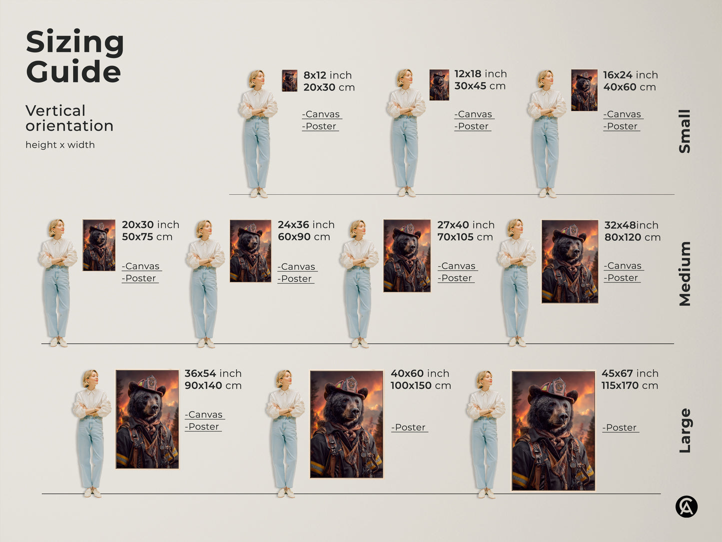 Sizing guide for the vertical bear firefighter canvas and poster art. Ranging from small to large sizes to fit any space. Perfect animal fantasy art print for office decor.