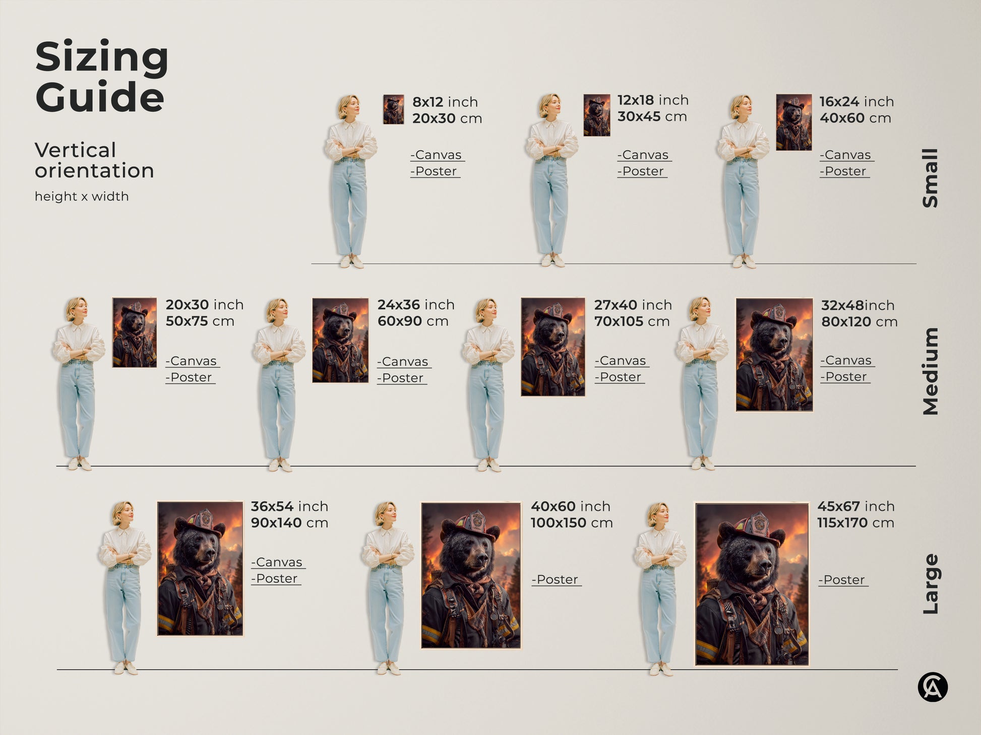 Sizing guide for the vertical bear firefighter canvas and poster art. Ranging from small to large sizes to fit any space. Perfect animal fantasy art print for office decor.