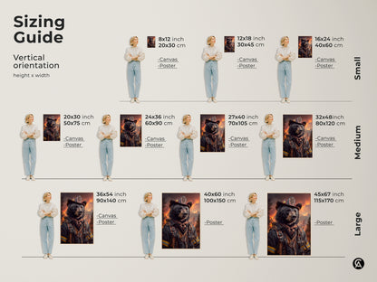 Sizing guide for the vertical bear firefighter canvas and poster art. Ranging from small to large sizes to fit any space. Perfect animal fantasy art print for office decor.