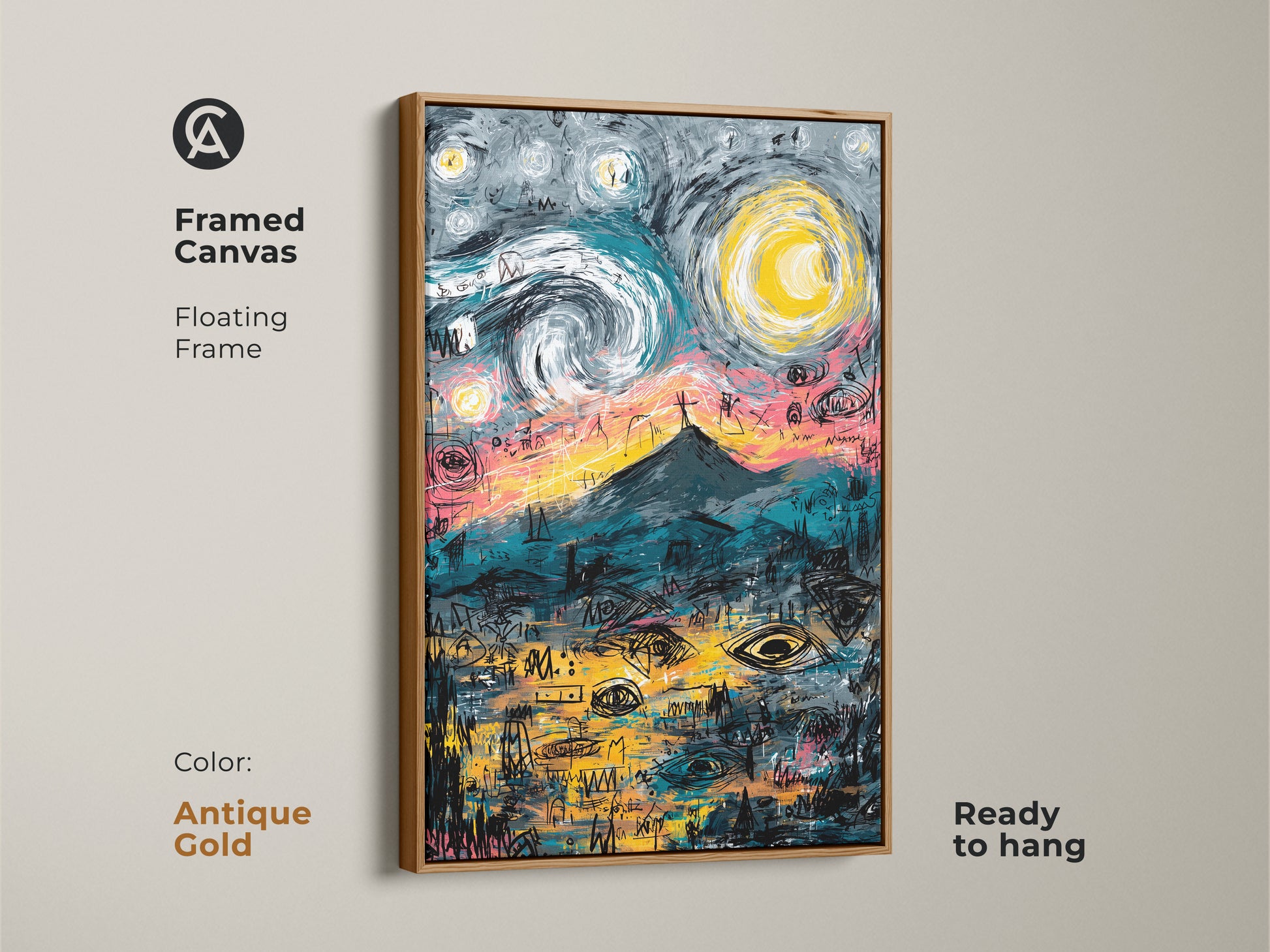 Framed canvas art print in an antique gold floating frame. The artwork shows a mountain under a starry sky. The canvas print is ready to hang. Shop antique gold framed canvas art prints now.