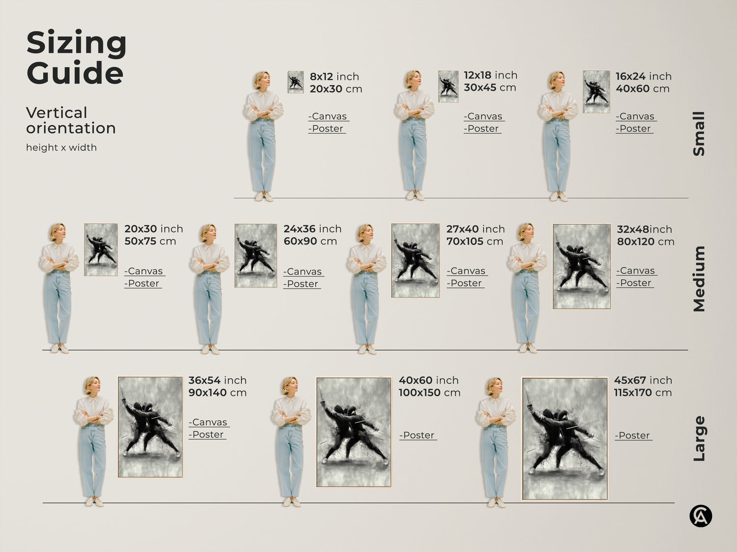 Sizing guide for fencing artwork. Vertical orientation options include small medium and large sizes. Find the perfect fit for your space. Available as canvas or poster prints. Add modern sports art to your home.