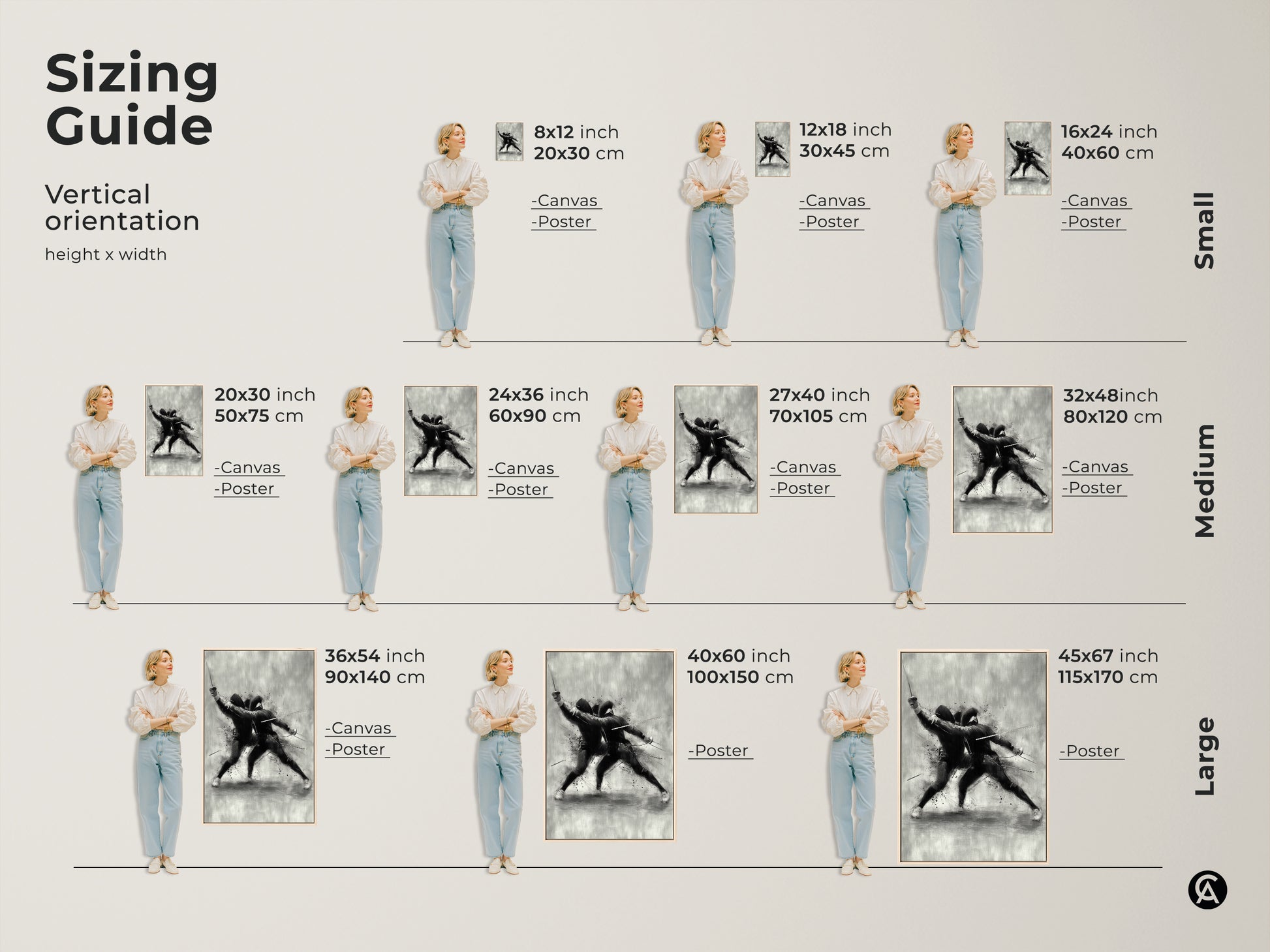 Sizing guide for fencing artwork. Vertical orientation options include small medium and large sizes. Find the perfect fit for your space. Available as canvas or poster prints. Add modern sports art to your home.