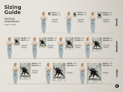 Sizing guide for fencing artwork. Vertical orientation options include small medium and large sizes. Find the perfect fit for your space. Available as canvas or poster prints. Add modern sports art to your home.