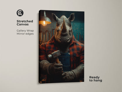 Rhino mechanic wall art poster print. This striking artwork adds character to any garage. Featuring a rhino as a mechanic in red plaid. Rolled in a tube this print is easy to frame. It makes a great gift for DIY enthusiasts. The industrial home style enhances any workshop.