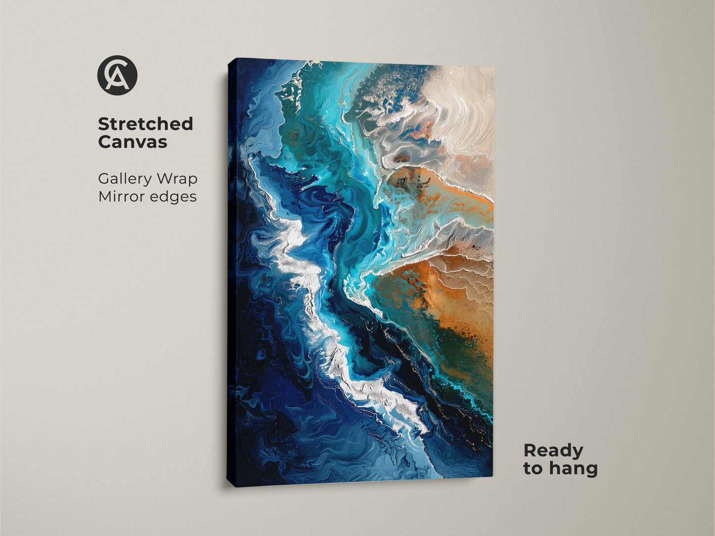 Stretched canvas of abstract ocean wave art. Teal blue fluid art print with gallery wrapped mirror edges. A ready to hang coastal bedroom wall art piece.