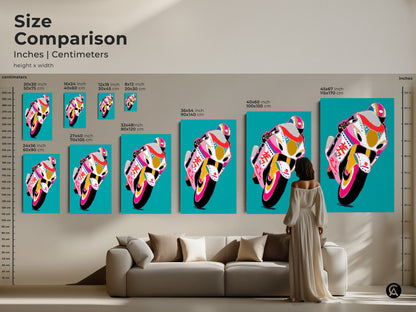 Size comparison of graffiti racer art prints in inches and centimeters. Visualize the different sizes to match your decor. Available from 8x12 to 45x67 inches for canvas and poster options. Perfect modern art for any home office or man cave.
