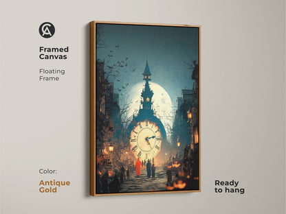 Framed canvas of Gothic Clock Tower artwork. Antique gold frame. This dark whimsical wall decor is perfect as a unique gothic home gift. It blends Gothic and fantasy elements. The clock tower under the full moon. Ideal for Halloween or any occasion.