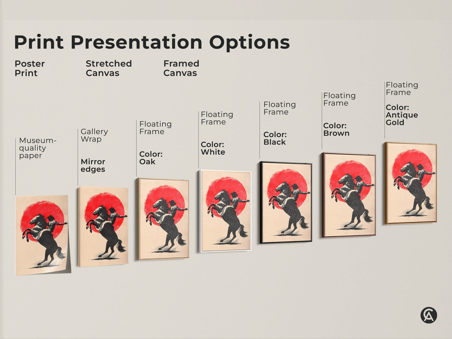 Print presentation options including poster print stretched canvas and framed canvas. The art features museum-quality paper gallery wrap mirror edges with floating frame options. Different color frames are available. Cowboy on horse art.