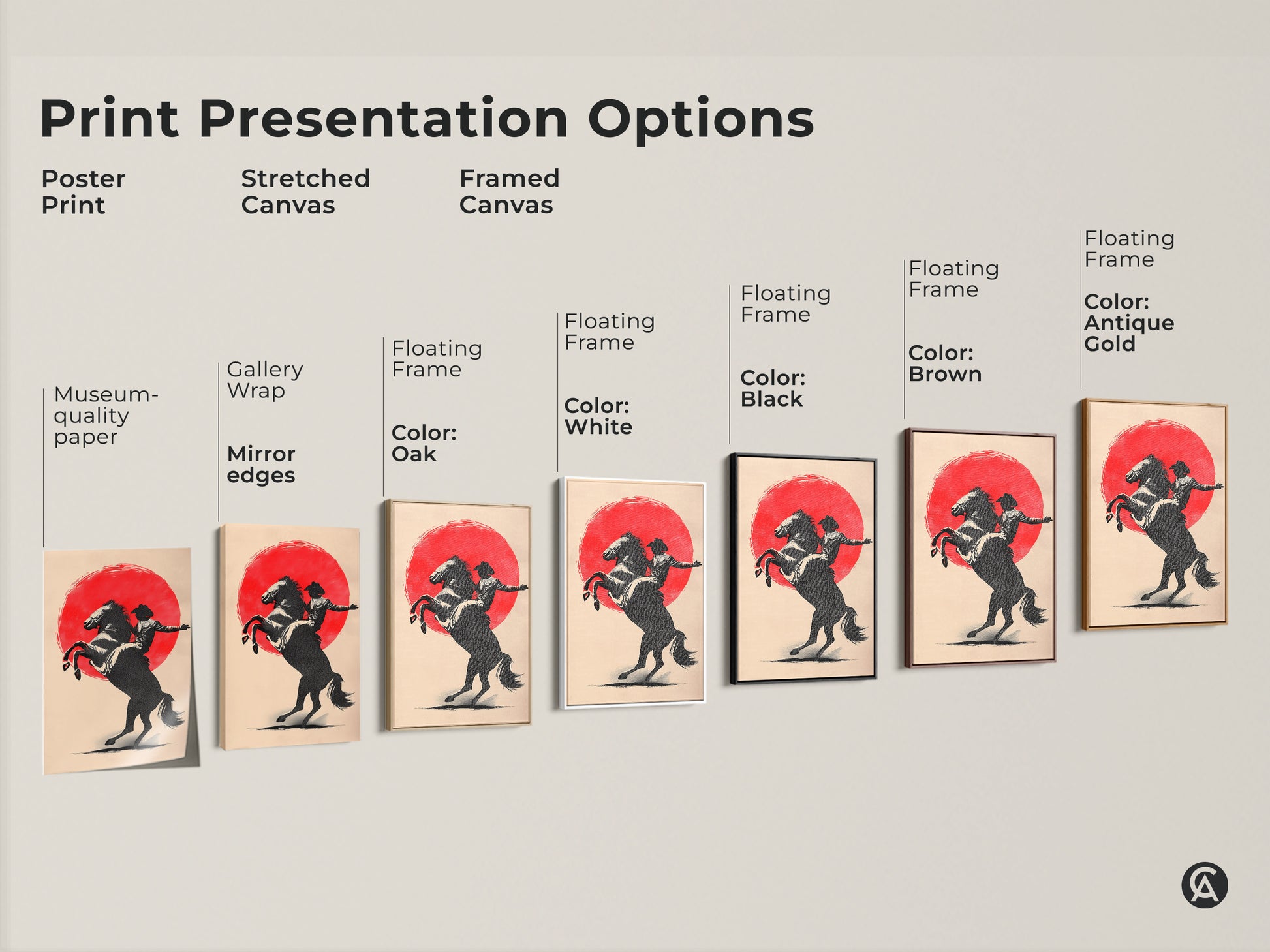Print presentation options including poster print stretched canvas and framed canvas. The art features museum-quality paper gallery wrap mirror edges with floating frame options. Different color frames are available. Cowboy on horse art.