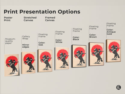 Print presentation options including poster print stretched canvas and framed canvas. The art features museum-quality paper gallery wrap mirror edges with floating frame options. Different color frames are available. Cowboy on horse art.