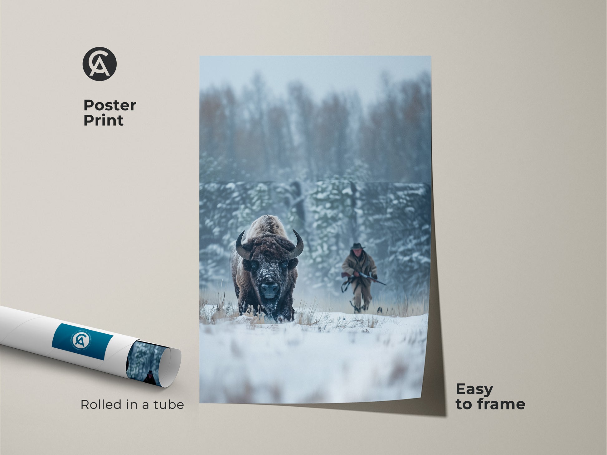 Poster print of a bison and hunter in a snowy forest. This museum-quality paper art is rolled in a tube for protection. The print is easy to frame so you can display this wildlife scene anywhere. A great addition to any art collection.