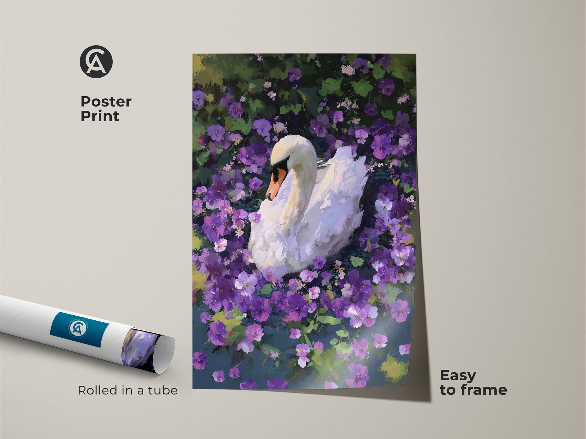 A poster print displays a serene white swan. The swan is set against a backdrop of purple floral art. The impressionistic style enhances this nature-inspired piece. It's an ideal gift for art and animal lovers. This fine art print is easy to frame.