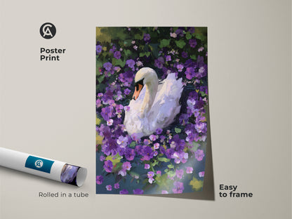A poster print displays a serene white swan. The swan is set against a backdrop of purple floral art. The impressionistic style enhances this nature-inspired piece. It's an ideal gift for art and animal lovers. This fine art print is easy to frame.