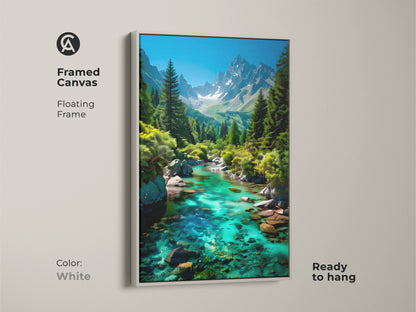 Framed canvas print featuring a turquoise mountain river. The white floating frame offers a clean modern look. Emerald green canvas print is ready to hang. Photorealistic nature decor brings alpine scenery to your home. This nature lover gift idea is perfect for any space.