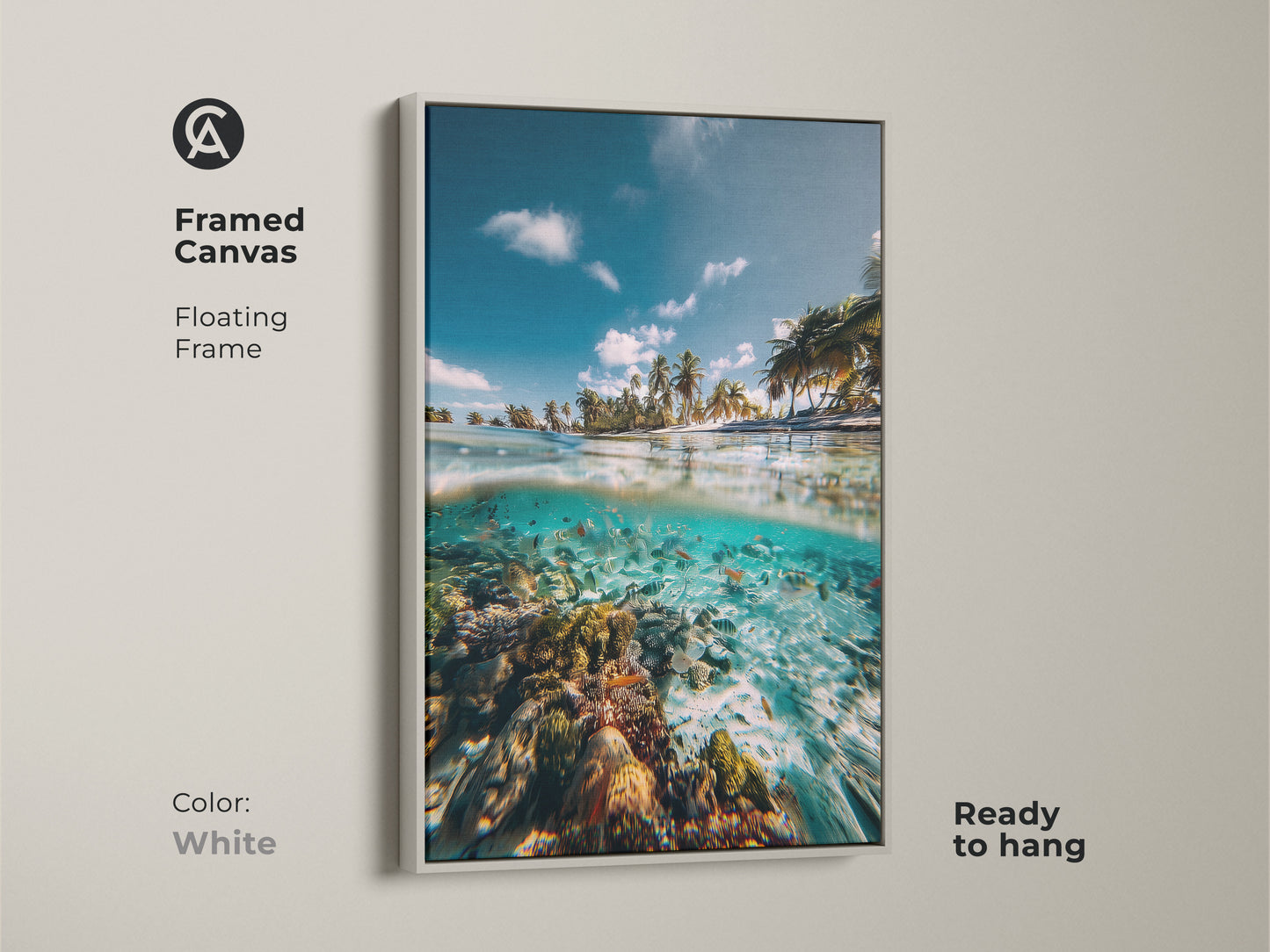 White framed canvas print featuring a split view of the ocean. A tropical beach is above a coral reef teeming with fish. Aqua and deep blue coastal art.