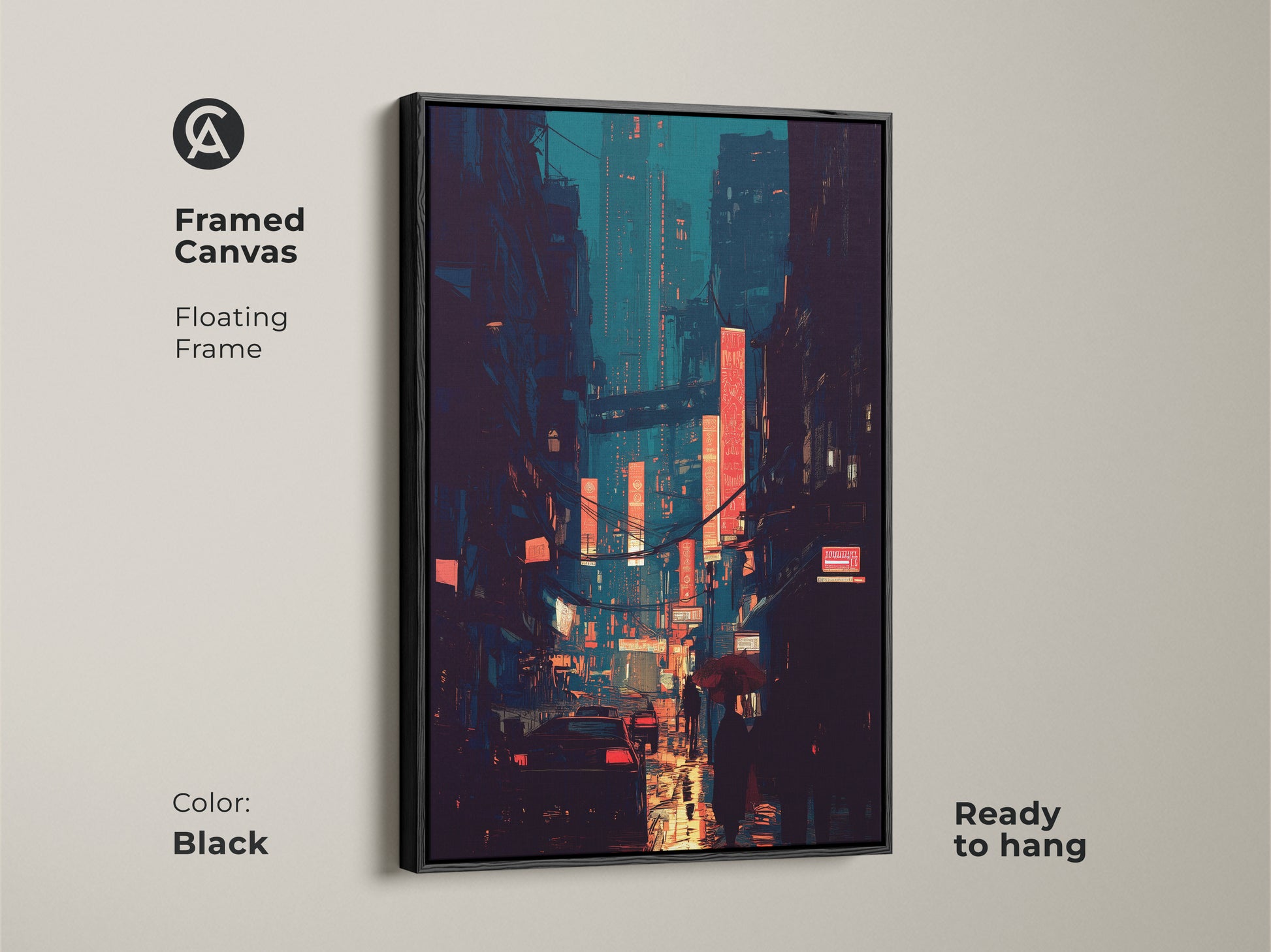 Framed canvas art showcasing a teal and orange cyberpunk cityscape. The black floating frame enhances the dark blue night scene canvas. Ready to hang this digital art is perfect for office decor. A modern urban wall hanging with glowing neon signs.