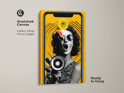 Stretched canvas of a retro pop artwork of a woman with a megaphone. It features gallery wrapped mirror edges and is ready to hang. The black and white portrait stands out against a yellow background. It's perfect for adding an activist touch to your home decor.