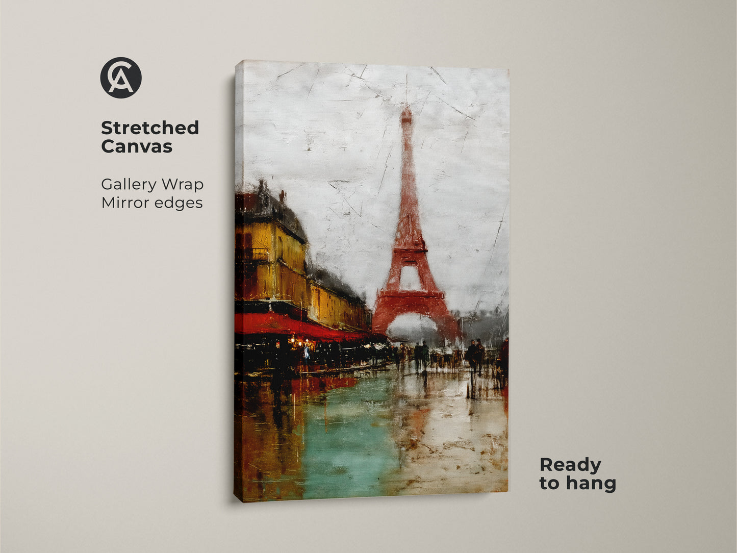 Stretched Canvas showcasing Parisian Cafe Art with the Eiffel Tower. Gallery wrapped with mirrored edges it's ready to hang. This terracotta cityscape artwork brings urban life to any wall. The yellow and teal art print makes a unique Francophile gift. Ideal for travel-themed decor.