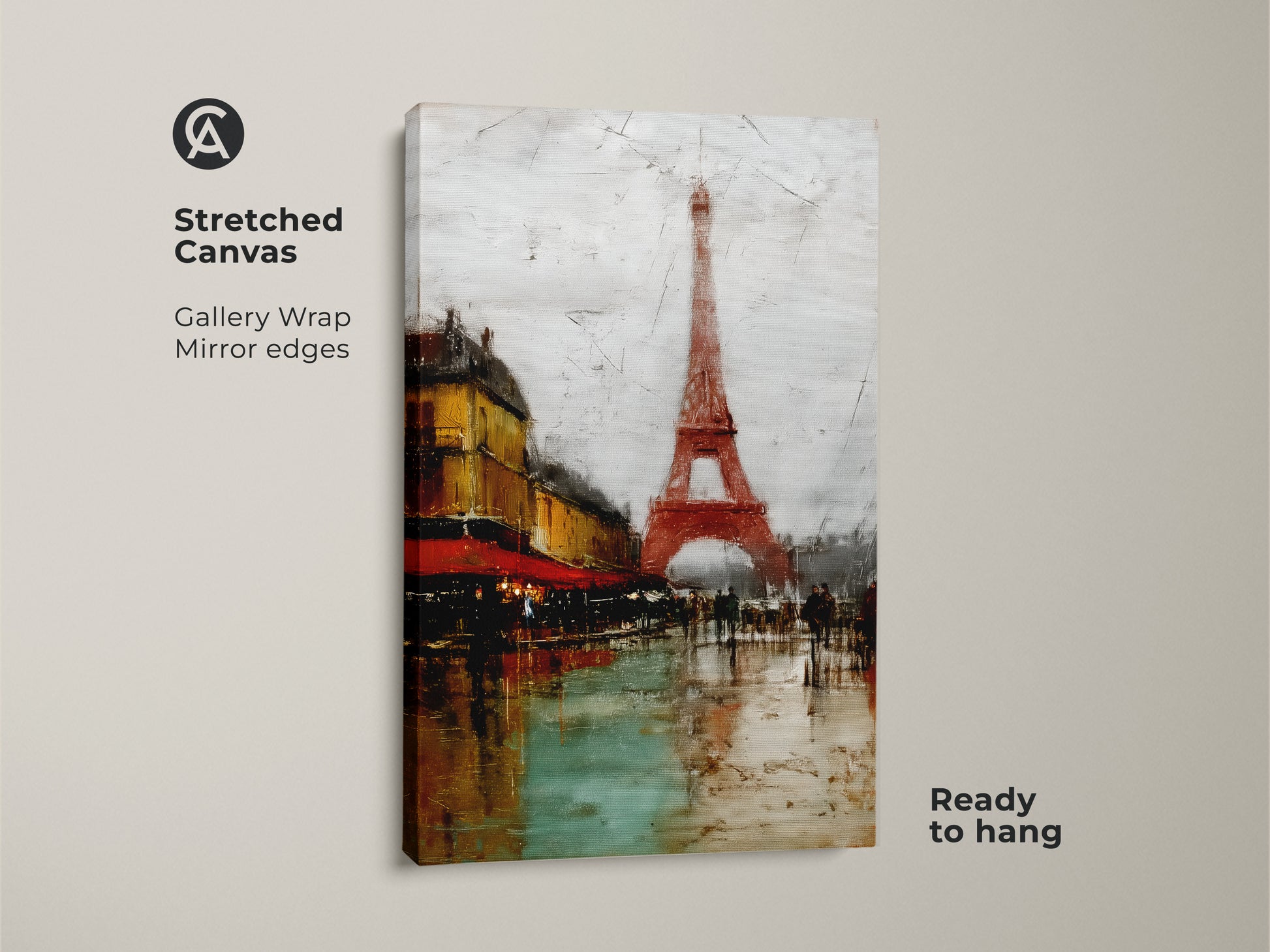 Stretched Canvas showcasing Parisian Cafe Art with the Eiffel Tower. Gallery wrapped with mirrored edges it's ready to hang. This terracotta cityscape artwork brings urban life to any wall. The yellow and teal art print makes a unique Francophile gift. Ideal for travel-themed decor.