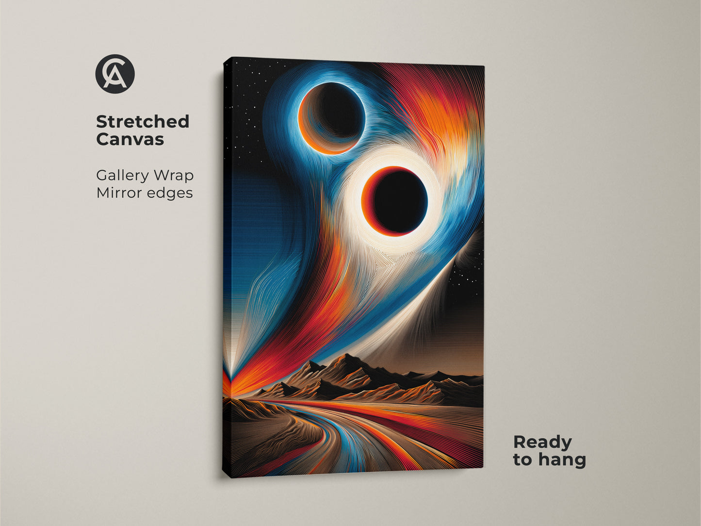 Stretched canvas print with gallery wrap. The mirror edges enhance the abstract space art. This black hole canvas print showcases a celestial eclipse. Ready to hang for easy sci-fi bedroom art decor.