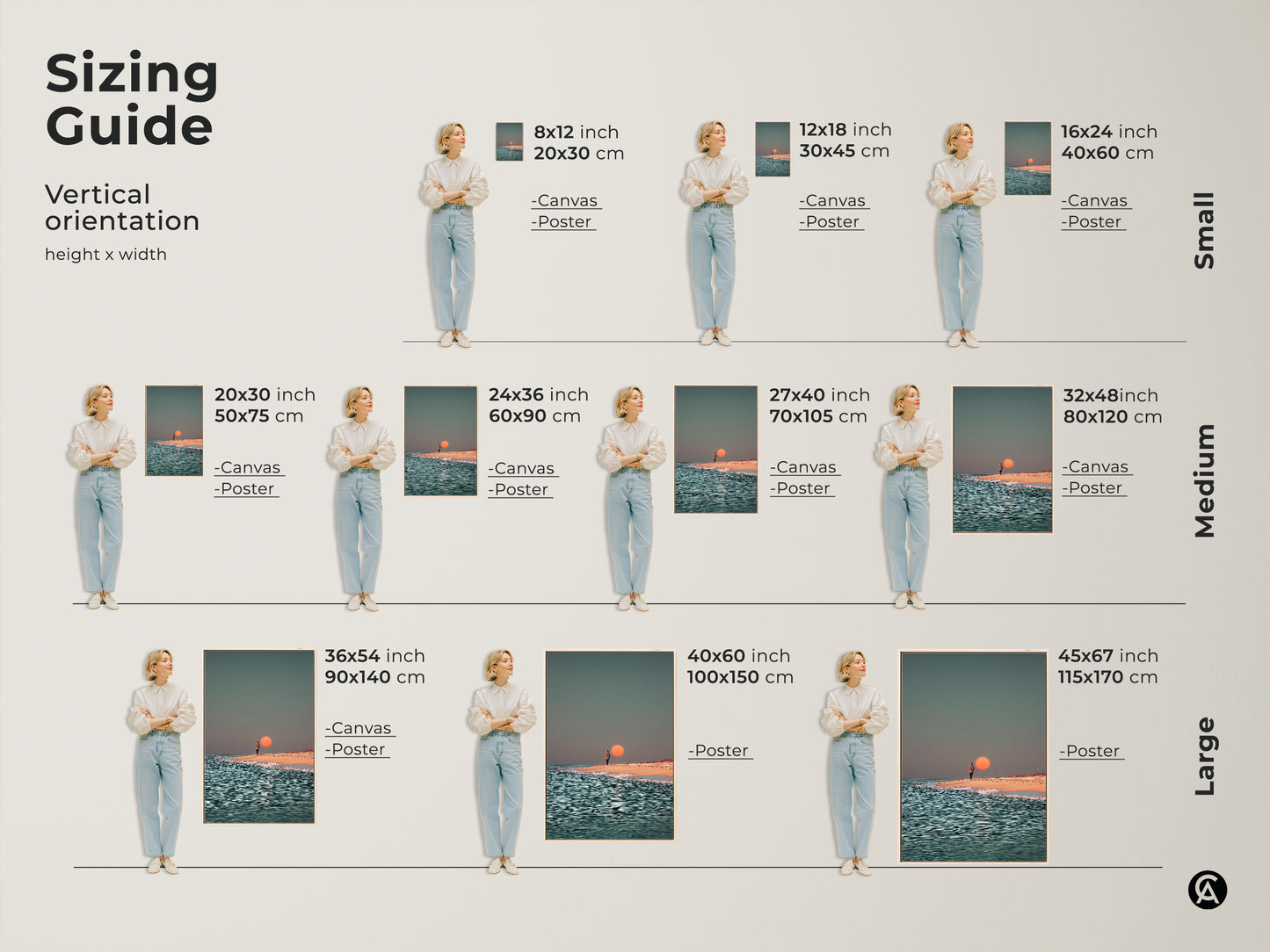 Sizing guide for vertical minimalist beach artwork canvas and poster prints. This sunset ocean artwork offers various sizes to fit your wall. Choose the perfect dimensions for coastal home decor featuring a person walking along the shore.