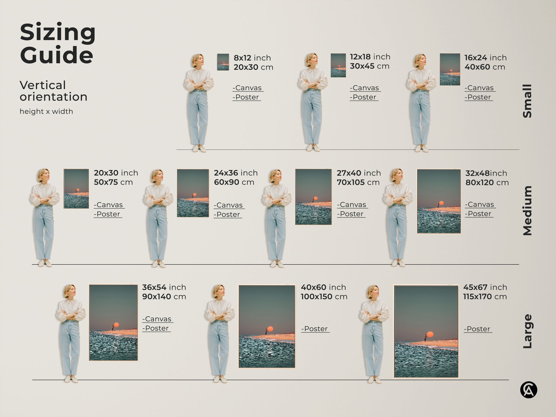 Sizing guide for vertical minimalist beach artwork canvas and poster prints. This sunset ocean artwork offers various sizes to fit your wall. Choose the perfect dimensions for coastal home decor featuring a person walking along the shore.