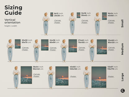 Sizing guide for vertical minimalist beach artwork canvas and poster prints. This sunset ocean artwork offers various sizes to fit your wall. Choose the perfect dimensions for coastal home decor featuring a person walking along the shore.