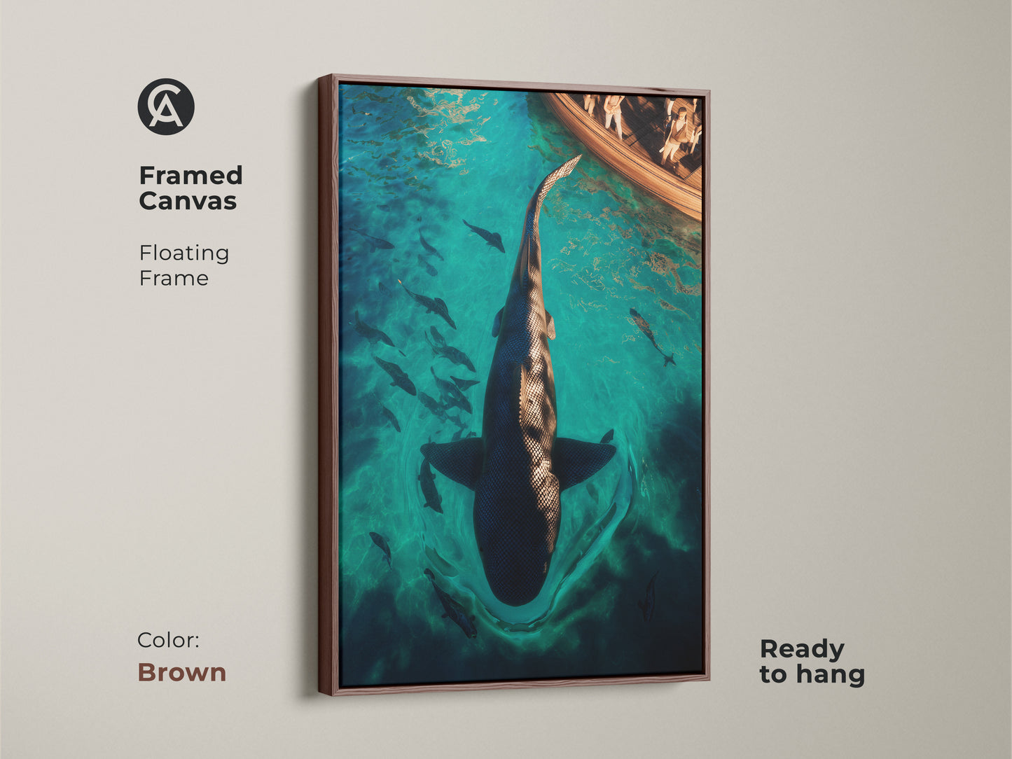 Framed Canvas of an Ocean Adventure. The artwork shows a boat and large shark in deep blue water. Brown floating frame and ready to hang. This eclectic print is perfect for marine life lovers. Adds a unique touch to any space.
