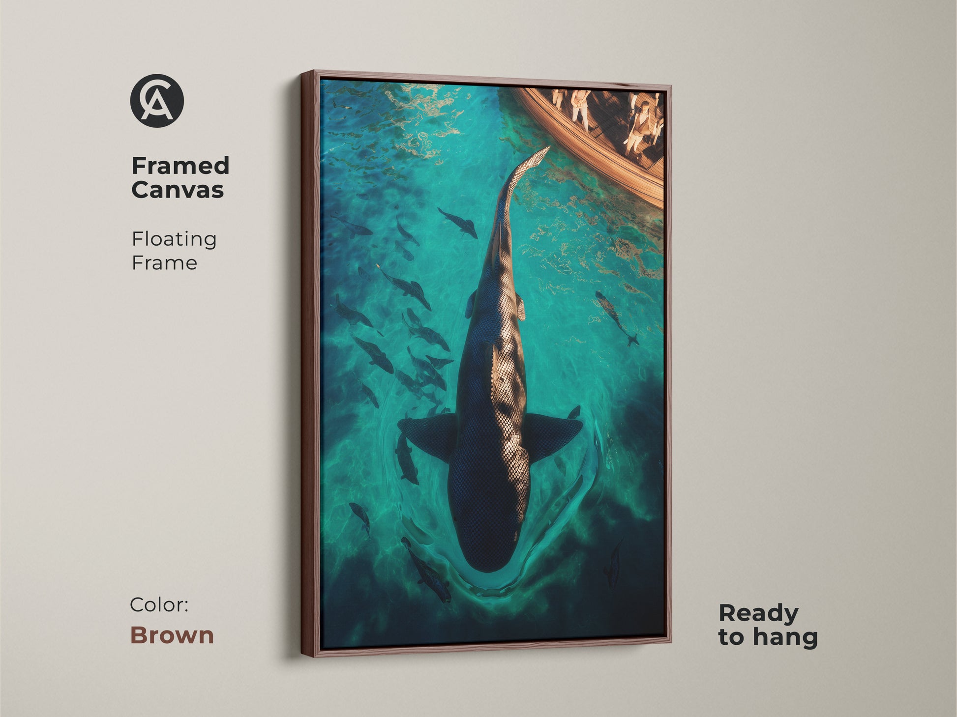 Framed Canvas of an Ocean Adventure. The artwork shows a boat and large shark in deep blue water. Brown floating frame and ready to hang. This eclectic print is perfect for marine life lovers. Adds a unique touch to any space.