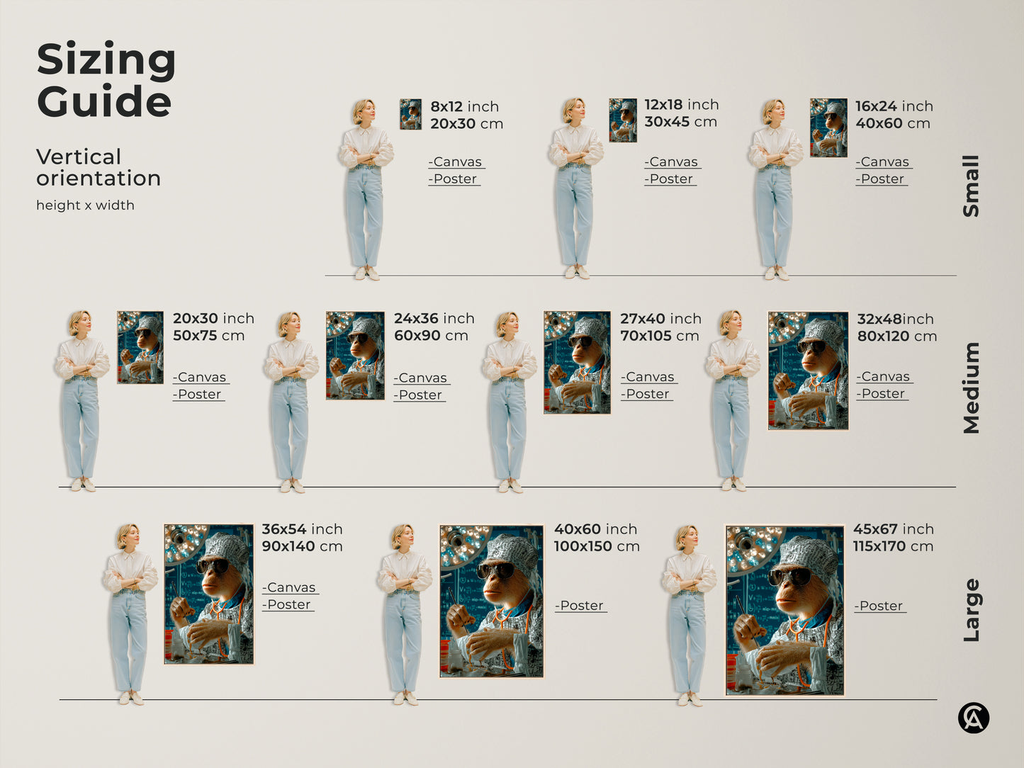 Sizing guide for vertical surreal surgeon monkey canvas and poster prints. Sizes range from small to large. Dimensions in inches and centimeters are provided. Visualize this funny doctor gift in different sizes for your vet clinic or office decor. This animal artwork fits any space.