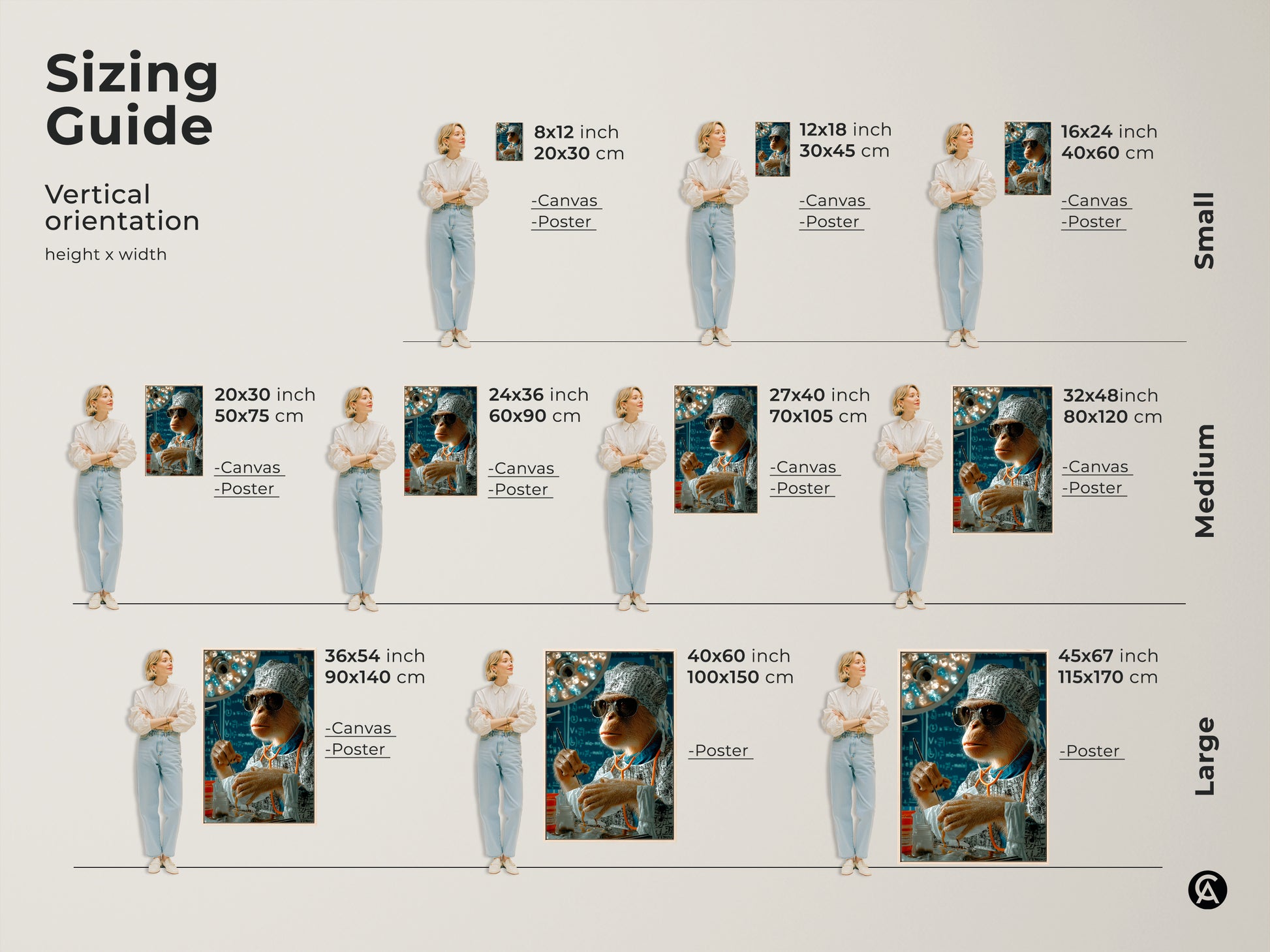 Sizing guide for vertical surreal surgeon monkey canvas and poster prints. Sizes range from small to large. Dimensions in inches and centimeters are provided. Visualize this funny doctor gift in different sizes for your vet clinic or office decor. This animal artwork fits any space.