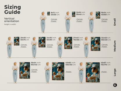 Sizing guide for vertical surreal surgeon monkey canvas and poster prints. Sizes range from small to large. Dimensions in inches and centimeters are provided. Visualize this funny doctor gift in different sizes for your vet clinic or office decor. This animal artwork fits any space.