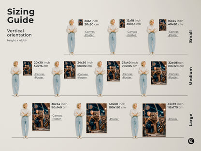 This sizing guide features the vertical orientation and various dimensions. The canvas and poster options are available in different sizes. See how the celestial mouse artwork fits various spaces. Find the perfect fit for your home decor.
