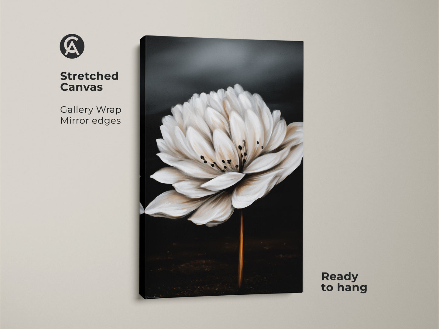 Stretched canvas print of a realistic white flower. This minimalist botanical wall art is ready to hang. The gallery wrap and mirror edges add a contemporary touch to your decor.