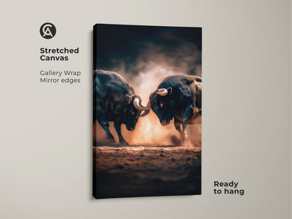 Stretched canvas gallery wrap featuring two bulls fighting. The mirror edges add depth. Ready to hang this artwork adds a touch of drama to your home or office. A unique piece for any art collector.