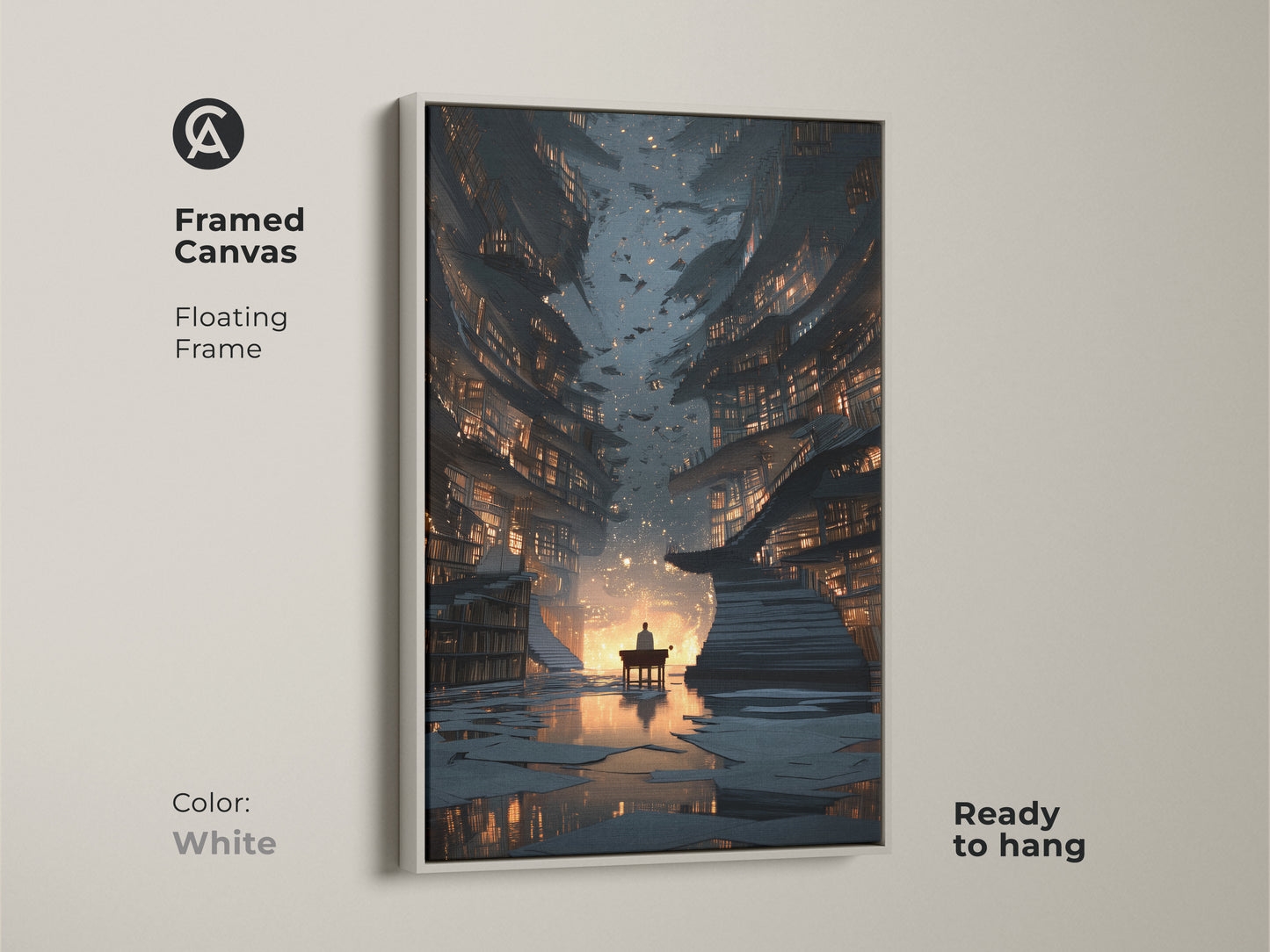 Framed canvas of surreal library artwork with a white floating frame. This digital art print is ready to hang. The fantasy bookstore canvas adds an eclectic touch to any study. This is a unique gold and blue tone artwork.
