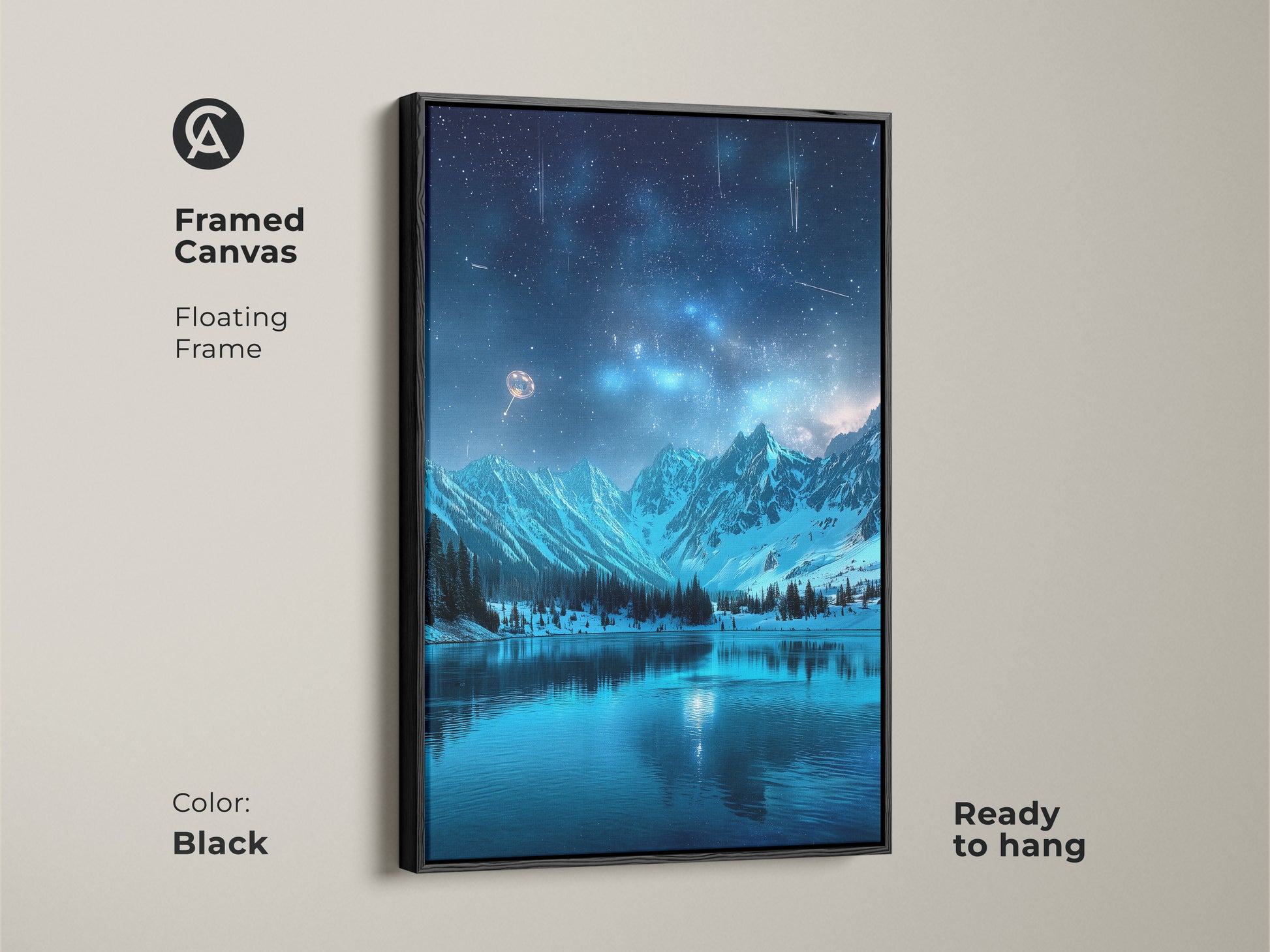Framed Canvas with Floating Frame showcasing Fantasy Starry Sky Wall Art. The black frame enhances the snowy mountains and lake scene. Ready to hang this celestial home decor brings cosmic wonder to any space. A sci-fi landscape artwork.