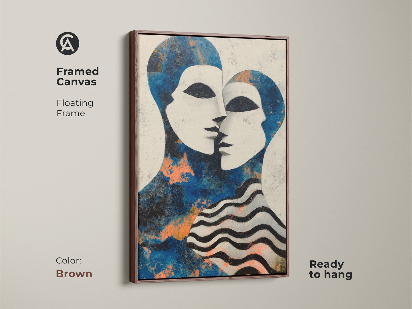 Framed canvas showing the ready to hang feature. This blue and white wall art is perfect for any modern living room. The abstract couple painting is a thoughtful anniversary gift. The eclectic home decor style adds a unique touch.