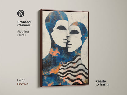 Framed canvas showing the ready to hang feature. This blue and white wall art is perfect for any modern living room. The abstract couple painting is a thoughtful anniversary gift. The eclectic home decor style adds a unique touch.