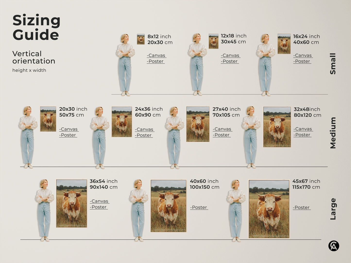 This sizing guide illustrates various canvas and poster sizes with a cow portrait. Sizes range from small to large. Each artwork features the cow standing in a field. Use this guide to choose the perfect animal art size.