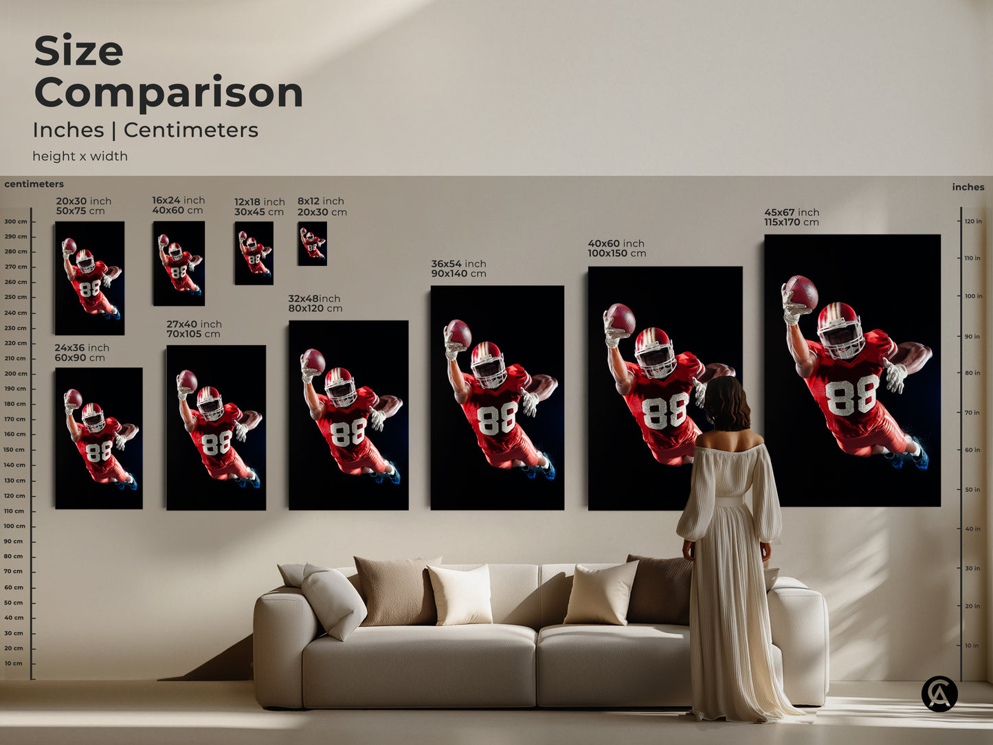 Size comparison of American Football artwork. Inches and centimeters are shown. Various sizes available to fit any space. See the artwork in a living room setting. Choose the perfect size for your canvas or poster print. Ideal for a Man Cave or sports themed decor.