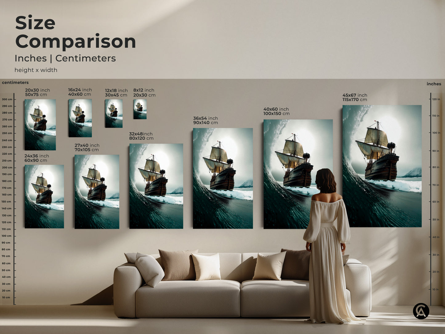 Size comparison of Tall Ship Ocean Wave Canvas and Poster Prints. This nautical Coastal artwork is displayed in different sizes. A woman and a sofa help visualize the scale of each print. Find the ideal size for your room!