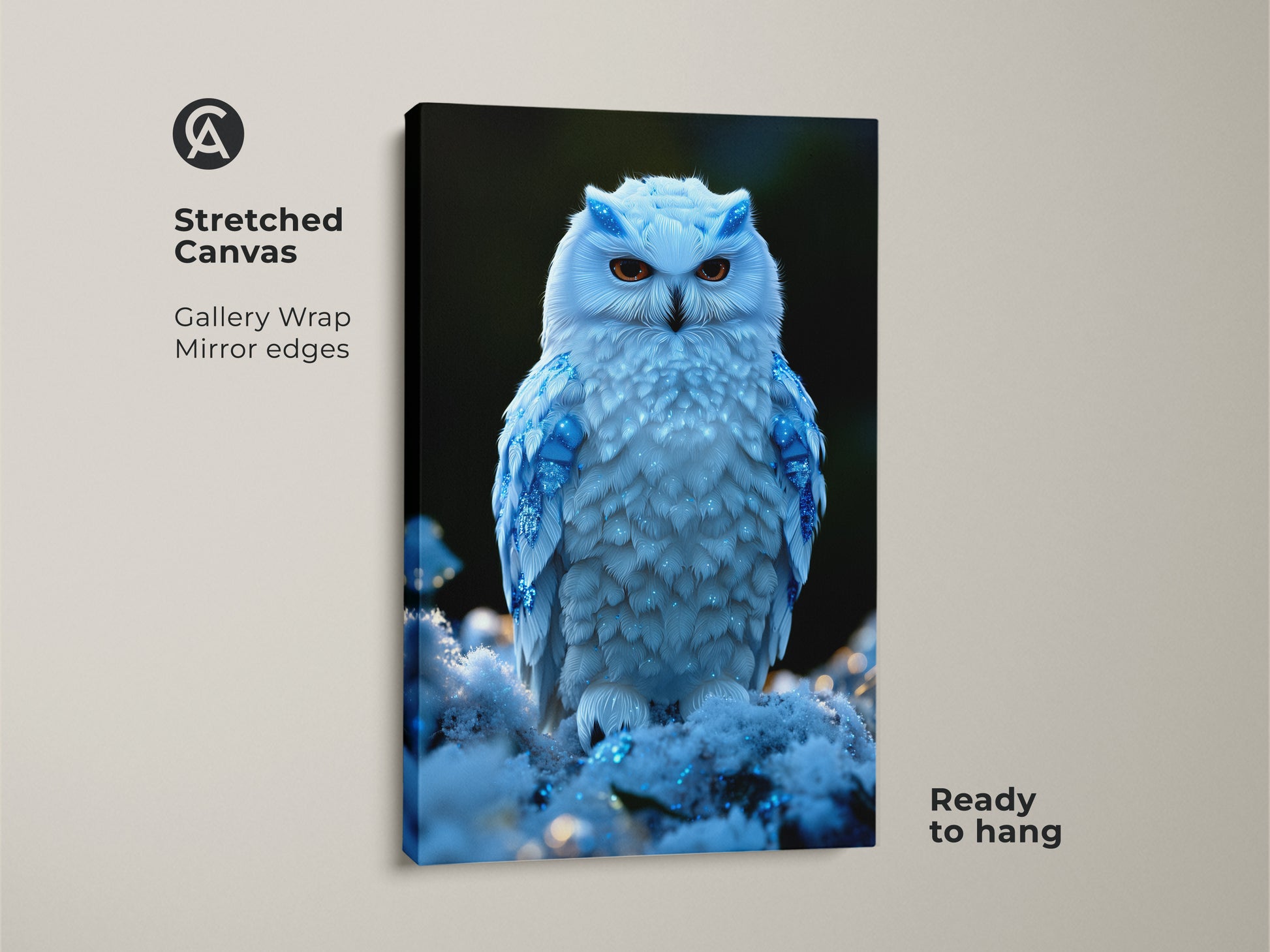 This Snowy Owl stretched canvas showcases a majestic winter bird wall art. The gallery wrap offers mirrored edges. This fantasy animal artwork is ready to hang. It's an ideal piece for eclectic home decor enthusiasts.