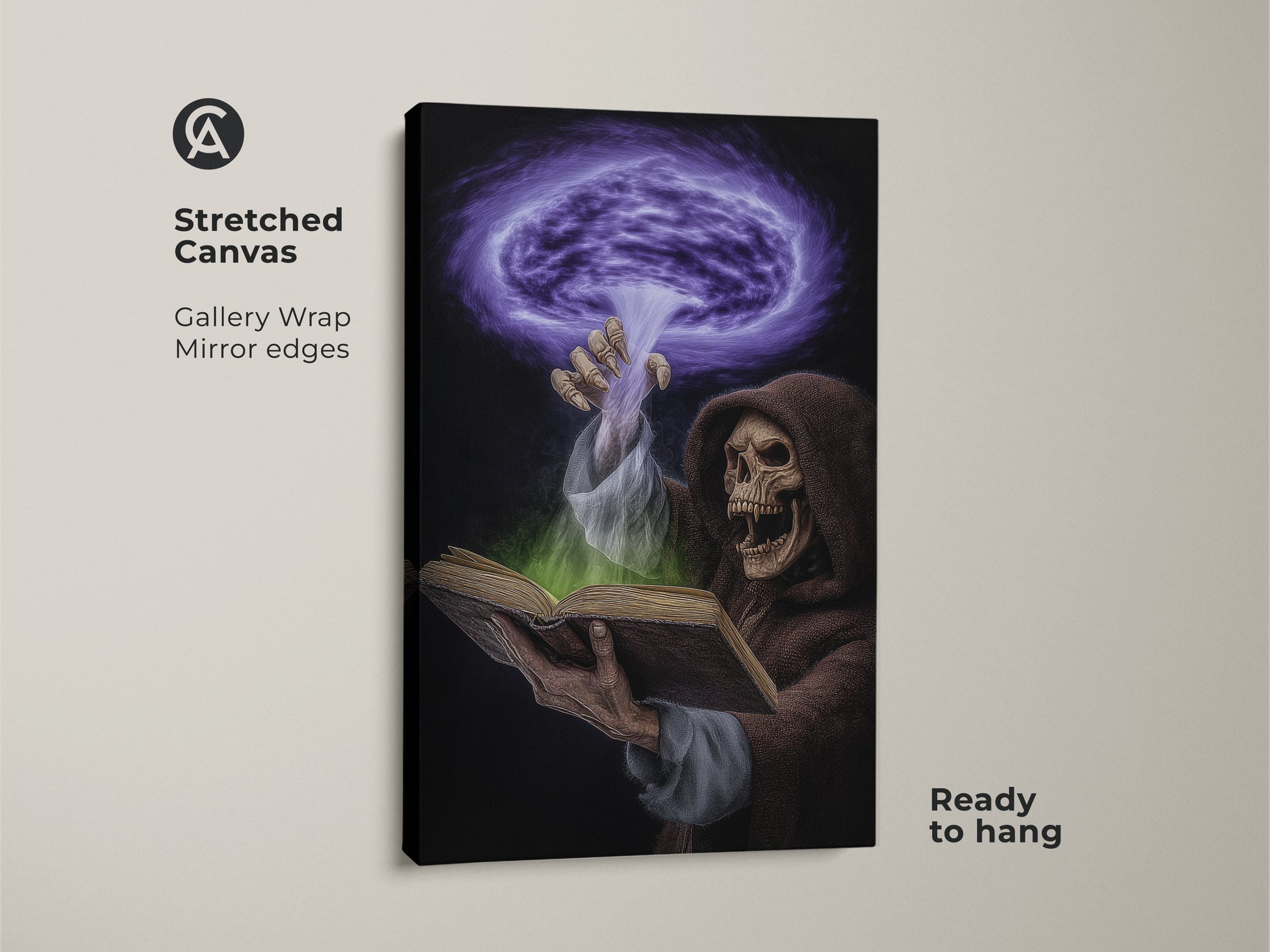 A stretched canvas print showcases dark fantasy artwork. It features a Grim Reaper and spellbook. This gothic home decor brings purple and green magic to any room. Ready to hang this canvas makes a unique Halloween gift for goth subculture decor in a study room or office workspace.