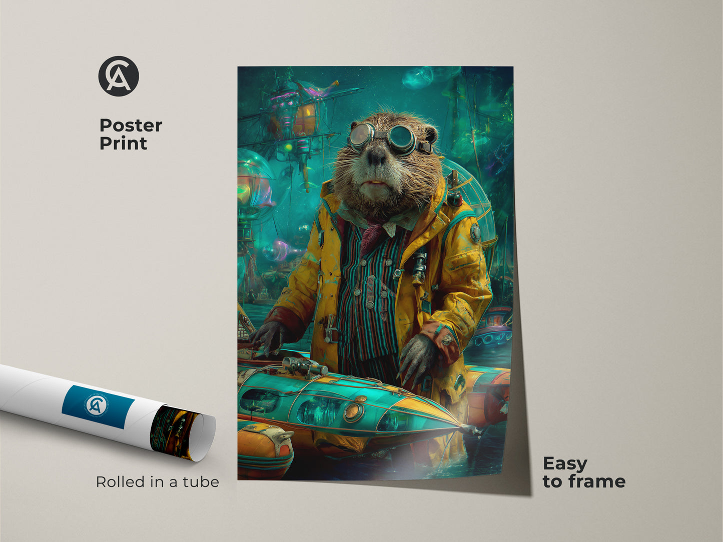 A rolled steampunk otter poster print is easy to frame. The submarine animal artwork features a unique yellow teal palette. This surreal animal poster will add character to any space. The eclectic wall decor is a great gift.