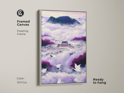 Framed canvas Ukiyo-e Japanese Palace art. The white floating frame enhances the flying cranes artwork. This violet indigo fantasy landscape creates a Zen mood. This purple bedroom wall decor is ready to hang. It's an ideal eclectic art piece.
