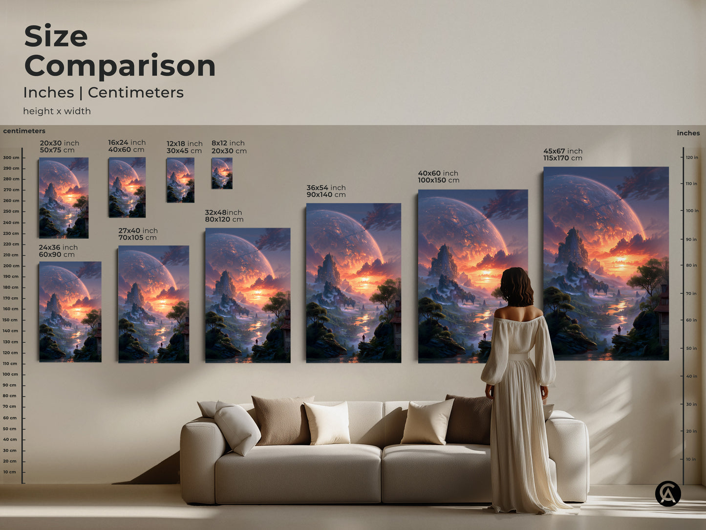 Size comparison of sci-fi art prints featuring an alien planet landscape. See how each size transforms your living space. From small to extra-large find the ideal epic fantasy print for your wall decor. Contemporary artwork in deep blue and fiery orange perfect for any room.