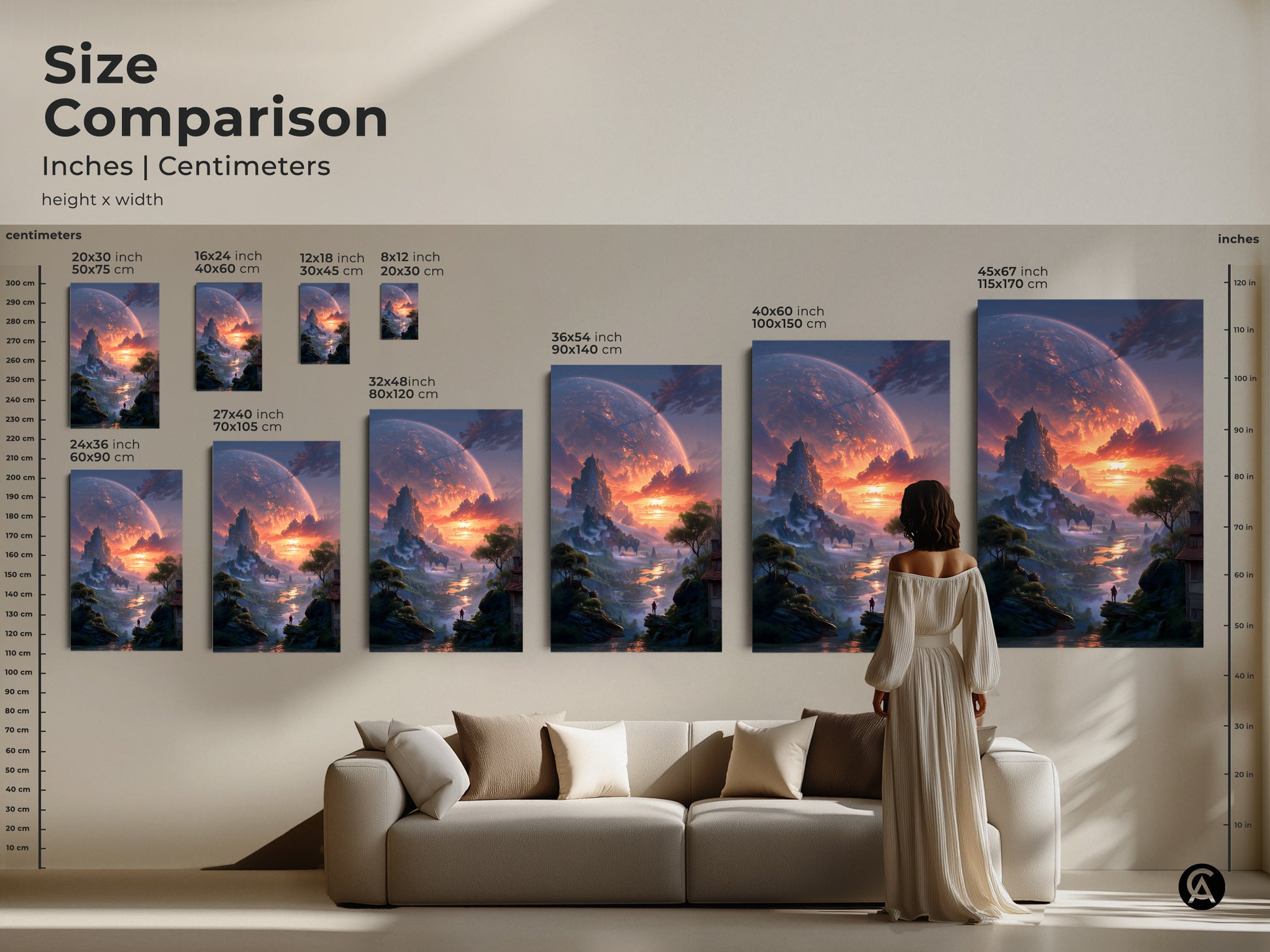 Size comparison of sci-fi art prints featuring an alien planet landscape. See how each size transforms your living space. From small to extra-large find the ideal epic fantasy print for your wall decor. Contemporary artwork in deep blue and fiery orange perfect for any room.